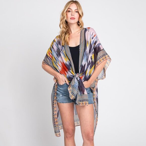 DIONA J GEOMETRIC TRIM TIE DYE PRINT KIMONO CARDIGAN ONE SIZE COLOR NAVY - Picture 2 of 7